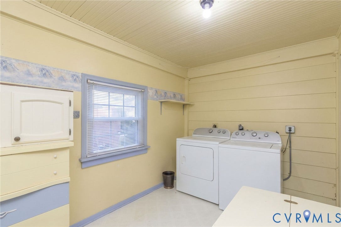 5211 W Grace Street, Richmond, VA 23226 Laundry room featuring horizontal wood-plank walls, beadboard ceiling, built-in cabinetry, and a window with horizontal blinds