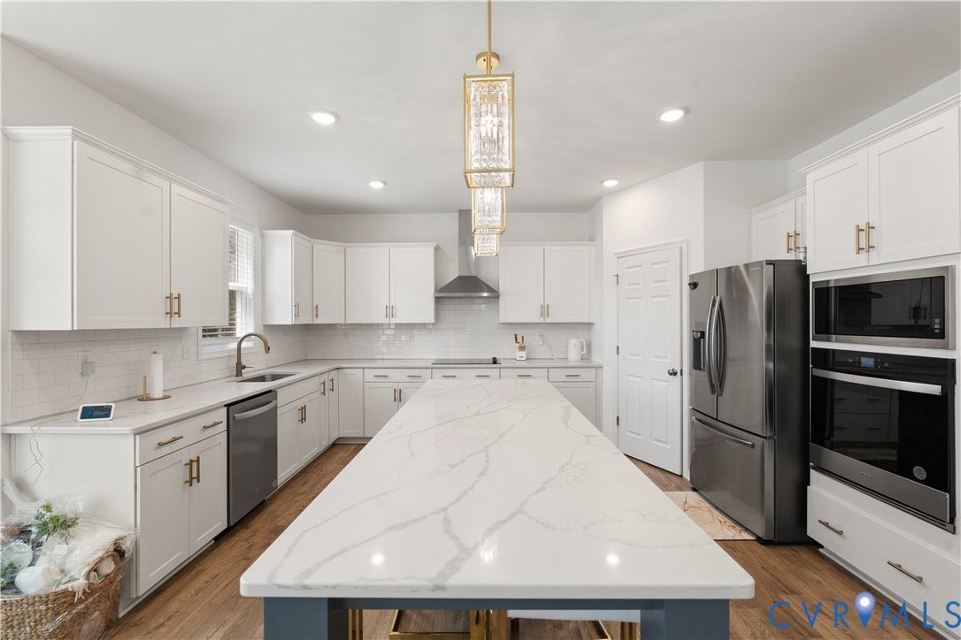 13807 Denleigh Court, Midlothian, VA 23112 Kitchen featuring white shaker-style cabinetry, quartz countertops with a veined pattern, stainless steel built-in double ovens, a central island, and wood-finish flooring