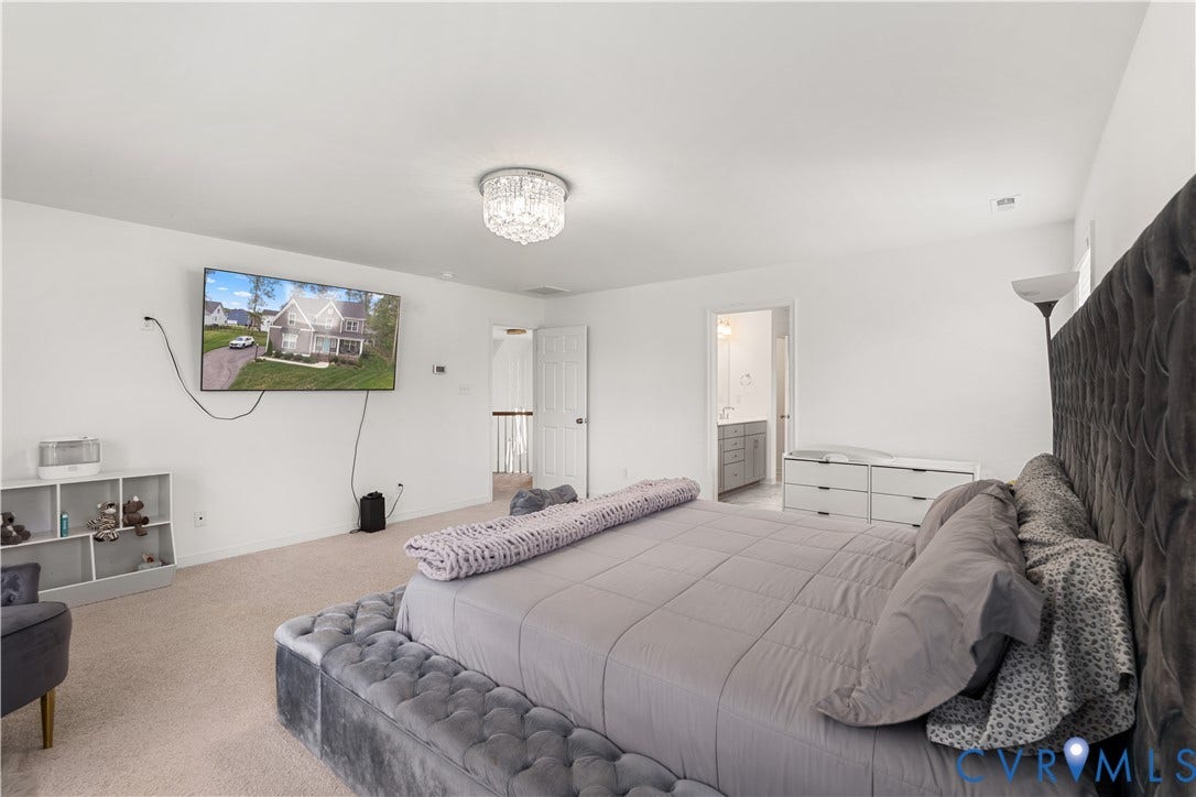 13807 Denleigh Court, Midlothian, VA 23112 Neutral-toned bedroom featuring wall-to-wall carpeting, a crystal-accented flush-mount ceiling light, and interior six-panel doors