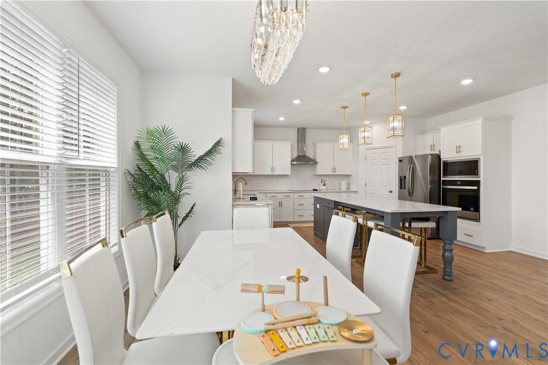 13807 Denleigh Court, Midlothian, VA 23112 Kitchen featuring a large central island with seating, stone-finish countertops, stainless steel appliances, built-in double wall ovens, and custom cabinetry with polished hardware