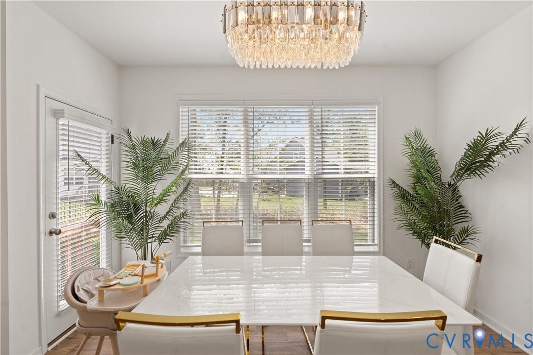 13807 Denleigh Court, Midlothian, VA 23112 Dining area featuring a tiered crystal chandelier, wood-finish flooring, and large windows with horizontal blinds