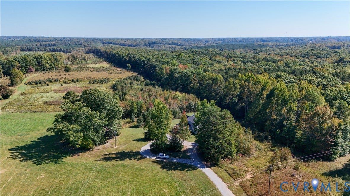 6502 Nutbush Road, Rural Countryside, Lunenburg, VA 23942 Expansive acreage featuring cleared pasture land, dense mature timber, and a private asphalt driveway