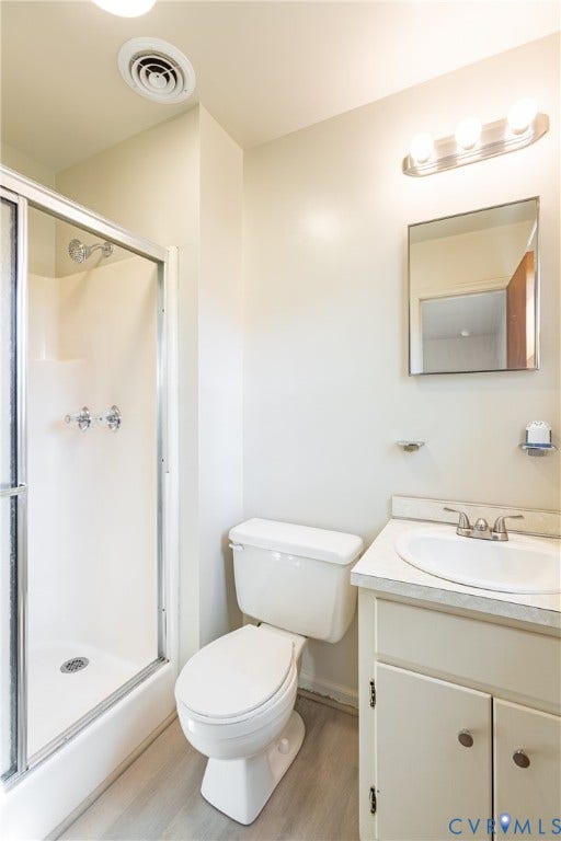 542 Petty Street, Petersburg, VA 23805 Bathroom featuring a glass-enclosed shower, vanity with an integrated sink, neutral stone-finish countertop, wall-mounted mirror, and three-bulb vanity lighting