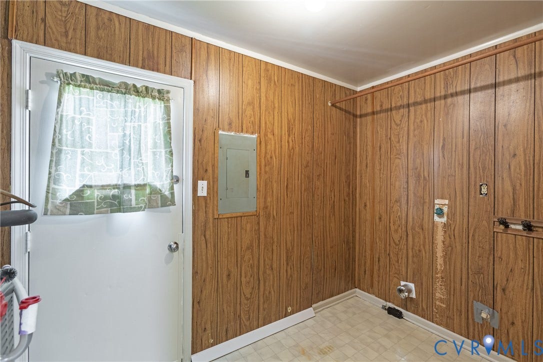 542 Petty Street, Petersburg, VA 23805 Utility area featuring wood-paneled walls, vinyl flooring, an integrated electrical service panel, and built-in wall-mounted hanging rod