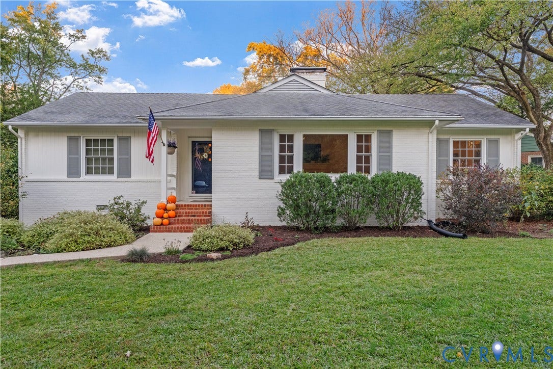 6956 Old Westham Road, Stratford Hills/Cherokee Road, Richmond, VA 23225 Painted brick exterior featuring a shingle roof, multi-pane windows, and a brick-stair entrance