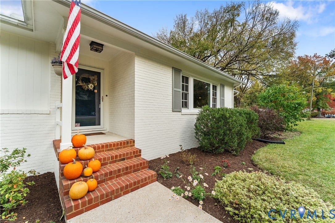 6956 Old Westham Road, Stratford Hills/Cherokee Road, Richmond, VA 23225 Exterior featuring painted brick siding, multi-tier red brick steps, gray window shutters, and a concrete walkway