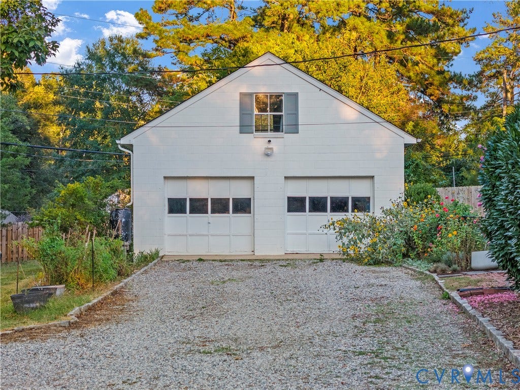6956 Old Westham Road, Stratford Hills/Cherokee Road, Richmond, VA 23225 Detached two-car garage featuring white block exterior, dual panelled overhead doors, and an upper-level window with shutters