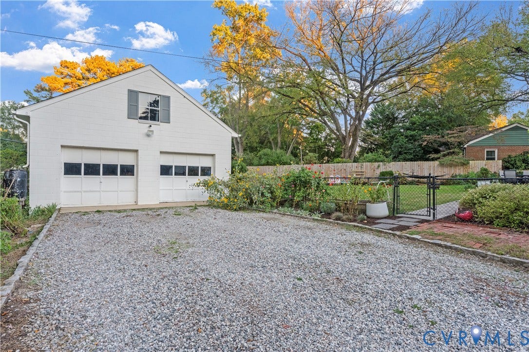 6956 Old Westham Road, Stratford Hills/Cherokee Road, Richmond, VA 23225 Detached two-car garage featuring painted masonry siding, a gravel driveway, and a gated chain-link fence enclosing a backyard area
