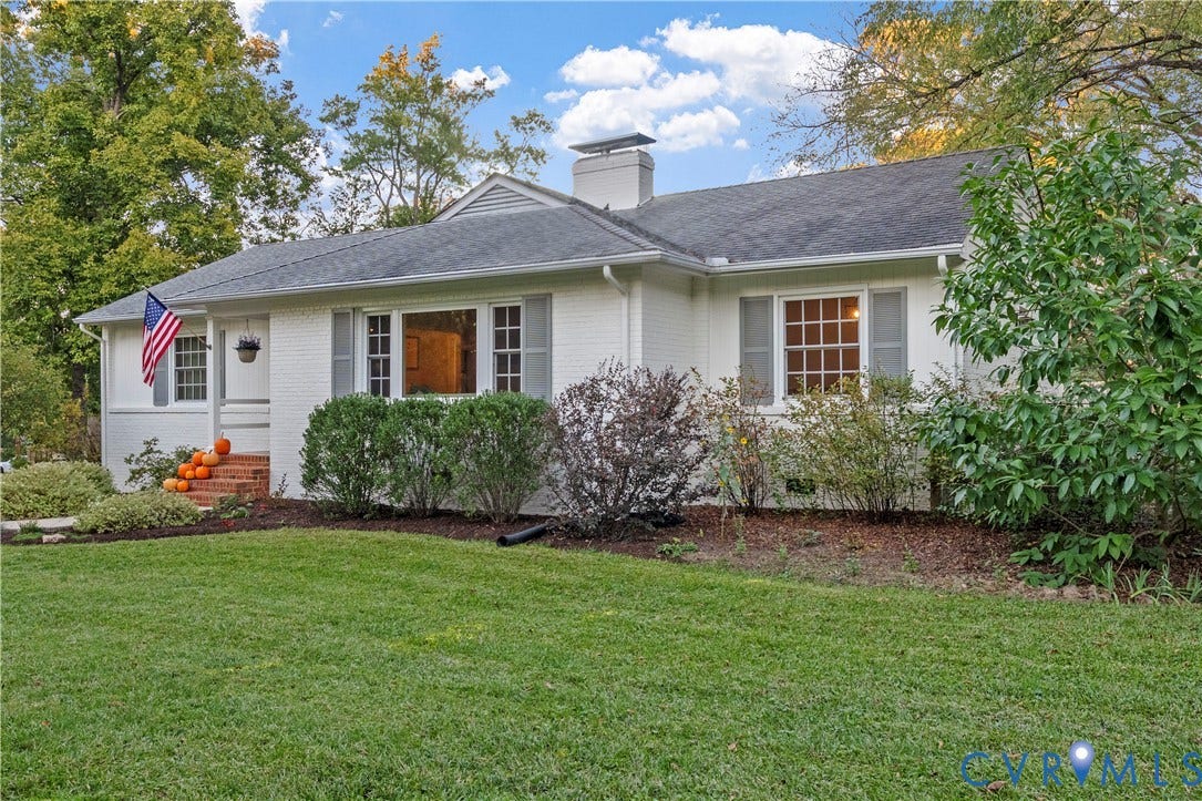 6956 Old Westham Road, Stratford Hills/Cherokee Road, Richmond, VA 23225 Painted brick exterior featuring a multi-gabled roofline, central chimney, divided-light windows with shutters, and masonry front steps