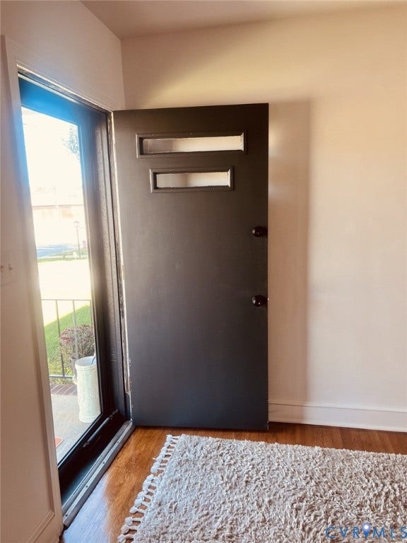 404 Ivey Avenue, Woodlawn, Colonial Heights, VA 23834 Dark-toned entry door featuring dual horizontal glass inserts, black round hardware, and wood-finish flooring