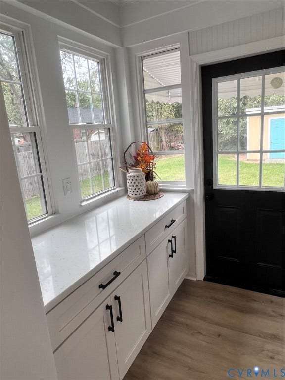 404 Ivey Avenue, Woodlawn, Colonial Heights, VA 23834 Custom cabinetry featuring matte black hardware, stone-surface countertop, wood-finish flooring, multi-pane windows, and a multi-pane glass door