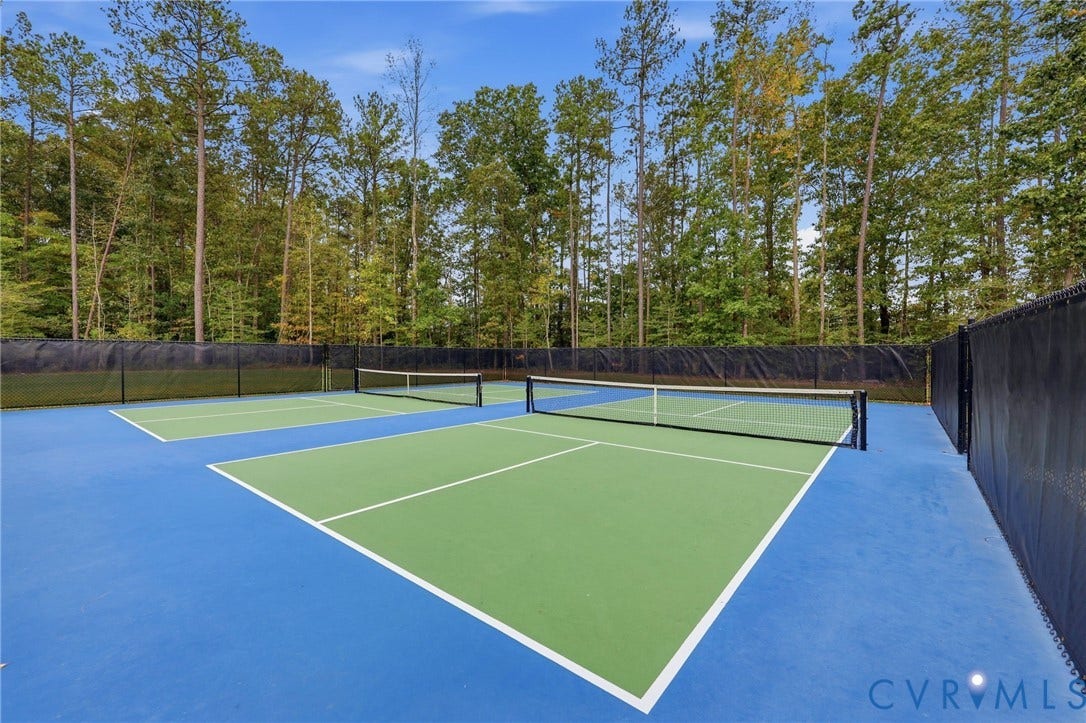 Dual court pickleball facility with specialized blue and green surface surfacing, white court lines, permanent nets, and black perimeter privacy fencing