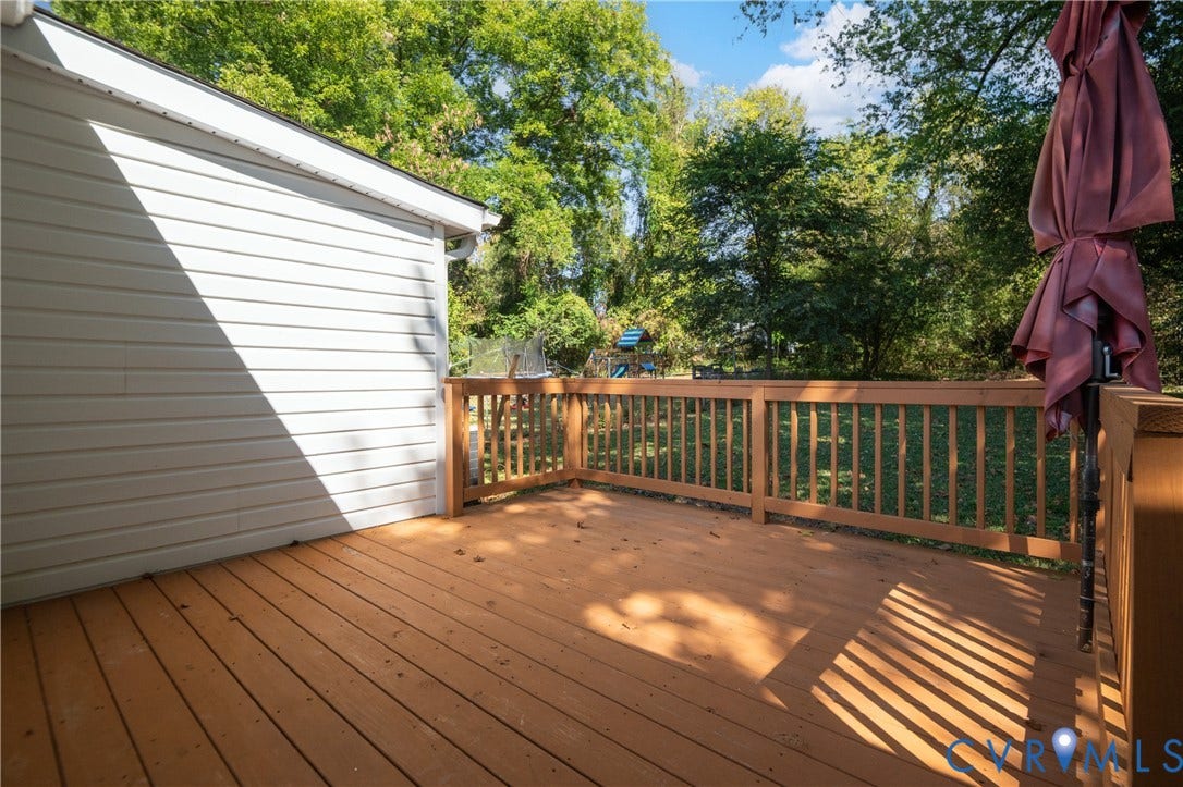 113 Spring Street, Pembroke, Petersburg, VA 23803 Raised wood-tone deck featuring a perimeter railing and light-toned horizontal siding