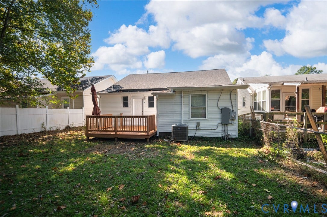 113 Spring Street, Pembroke, Petersburg, VA 23803 Rear exterior featuring white horizontal siding, a wood deck, and a white privacy fence