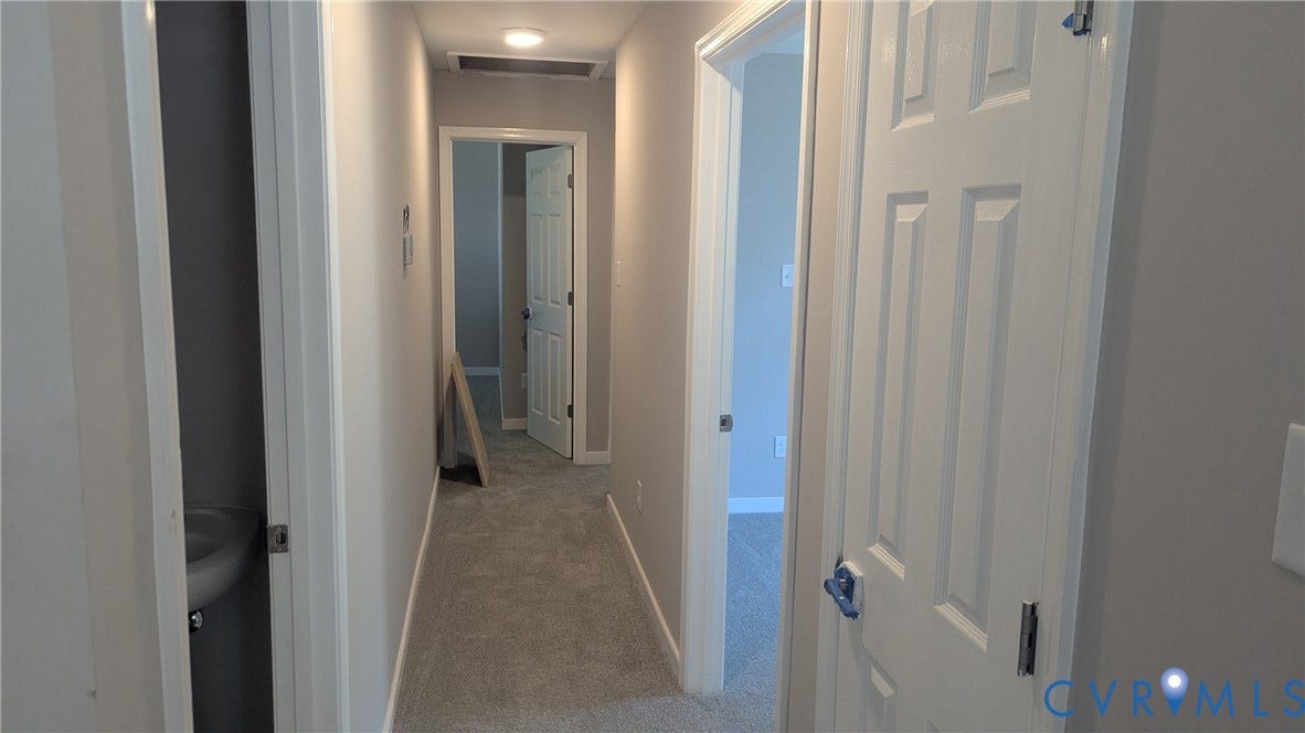 3006 Plumtree Street, South Chesterfield, VA 23834 Interior hallway featuring wall-to-wall carpeting, neutral-toned walls, and multiple four-panel interior doors