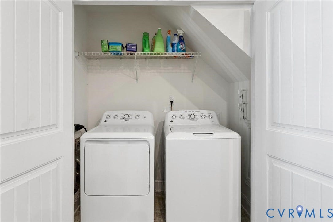 6177 Bowline Lane, Chesterfield, VA 23234 First Floor Laundry closet with white double doors, wire shelving, and an included washer and dryer.