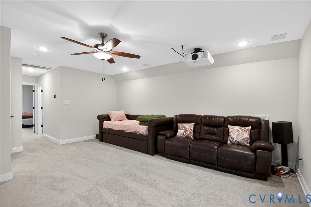 Neutral wall palette featuring recessed lighting, a ceiling-mounted fan with integrated light, and a ceiling-mounted projector