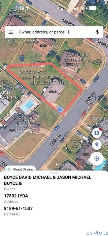 Property Tax Map, Parcel Data View. Displaying the ownership information, street address, and parcel identification number for the property