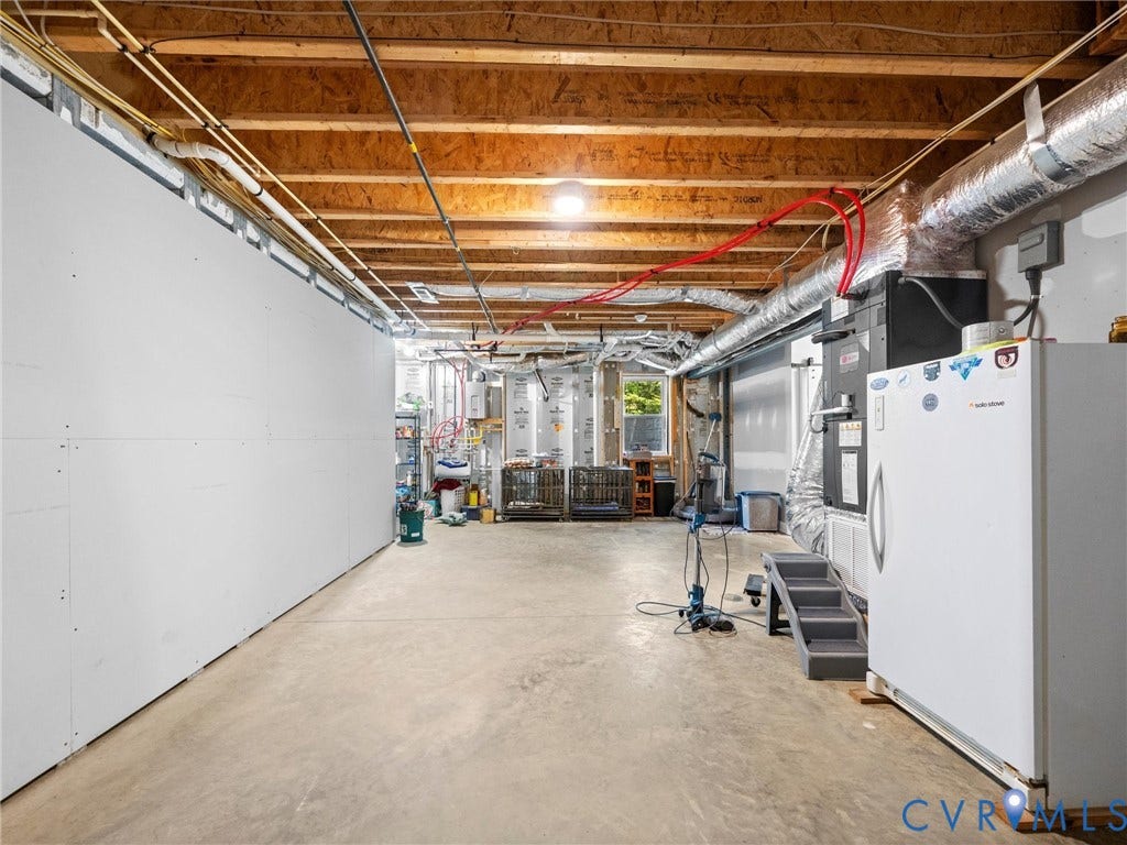 9877 Swinging Bridge Road, Taylors Grove Estates, Quinton, VA 23141 Another view of the spacious, heated and cooled walk-out basement highlights the generous open layout, exposed ceiling beams, and ample room for storage, hobbies, recreation, or future finishing possibilities!