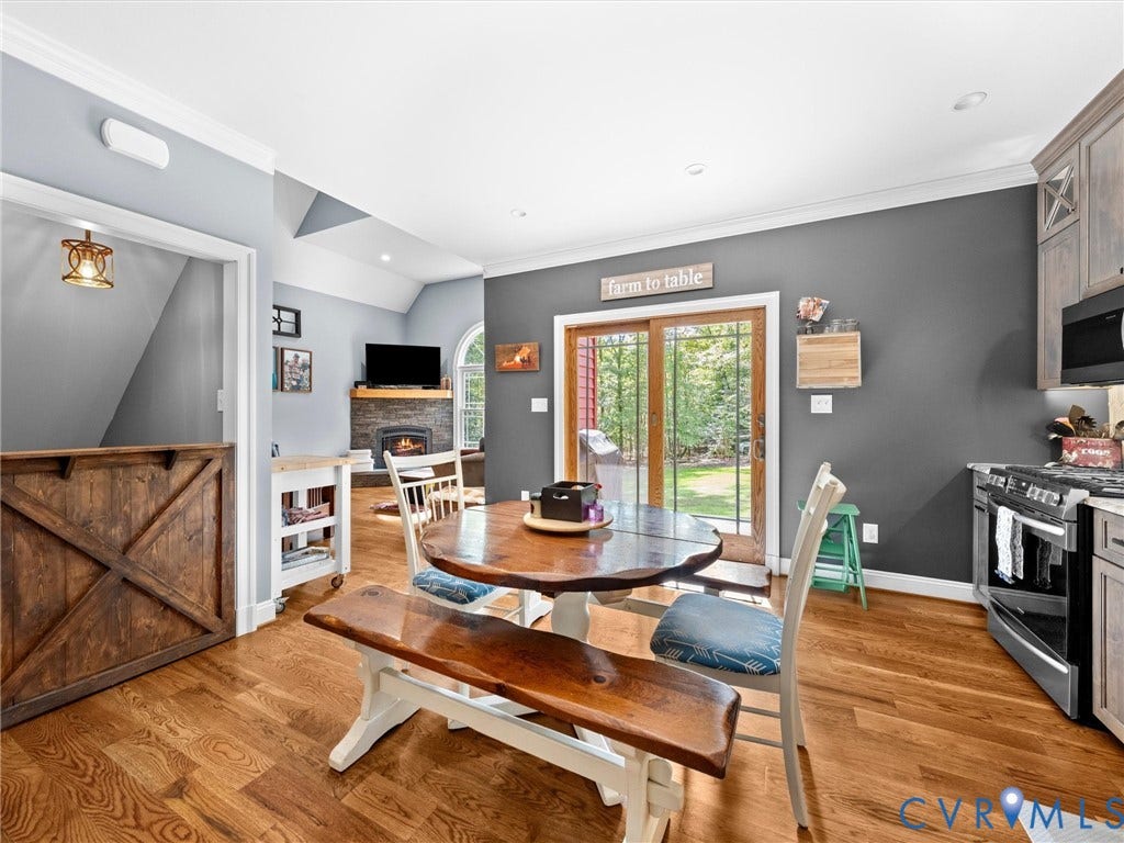 9877 Swinging Bridge Road, Taylors Grove Estates, Quinton, VA 23141 The spacious custom kitchen opens seamlessly to the family room, creating a wonderful flow for everyday living and entertaining. Beautiful hardwood floors, a generous dining area, and a charming half door leading to the basement add character and functionality to this inviting space!