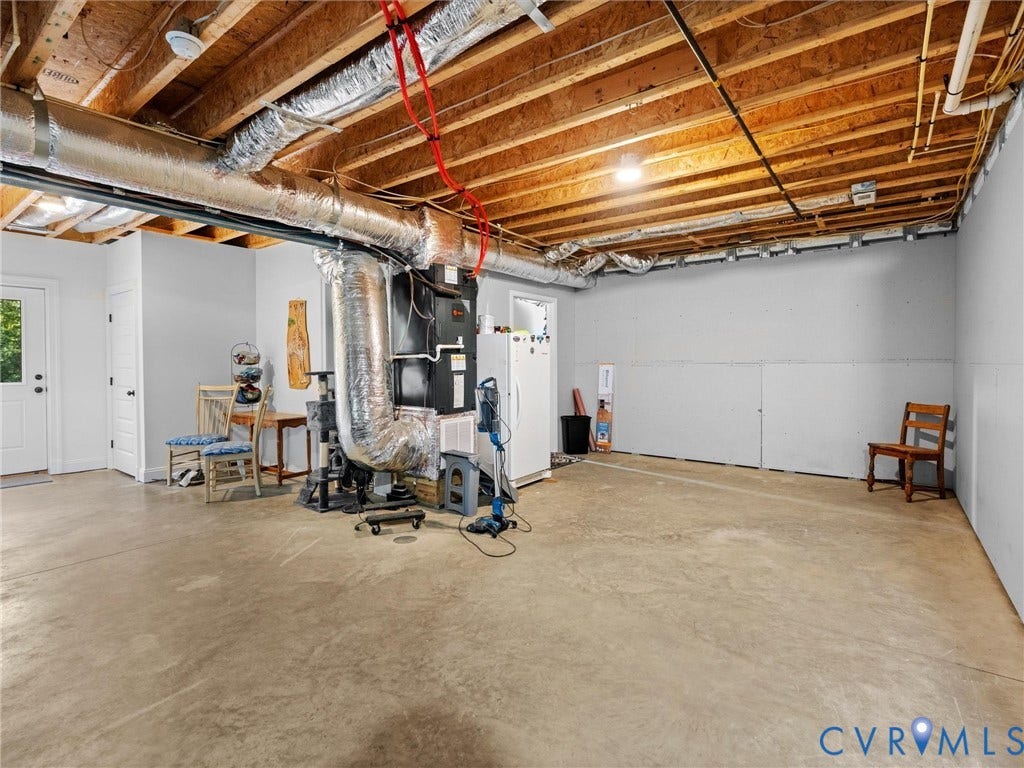 9877 Swinging Bridge Road, Taylors Grove Estates, Quinton, VA 23141 The partially finished walk-out basement is heated and cooled, offering generous space for a recreation room, home gym, workshop, or additional living area. A versatile space with endless possibilities!