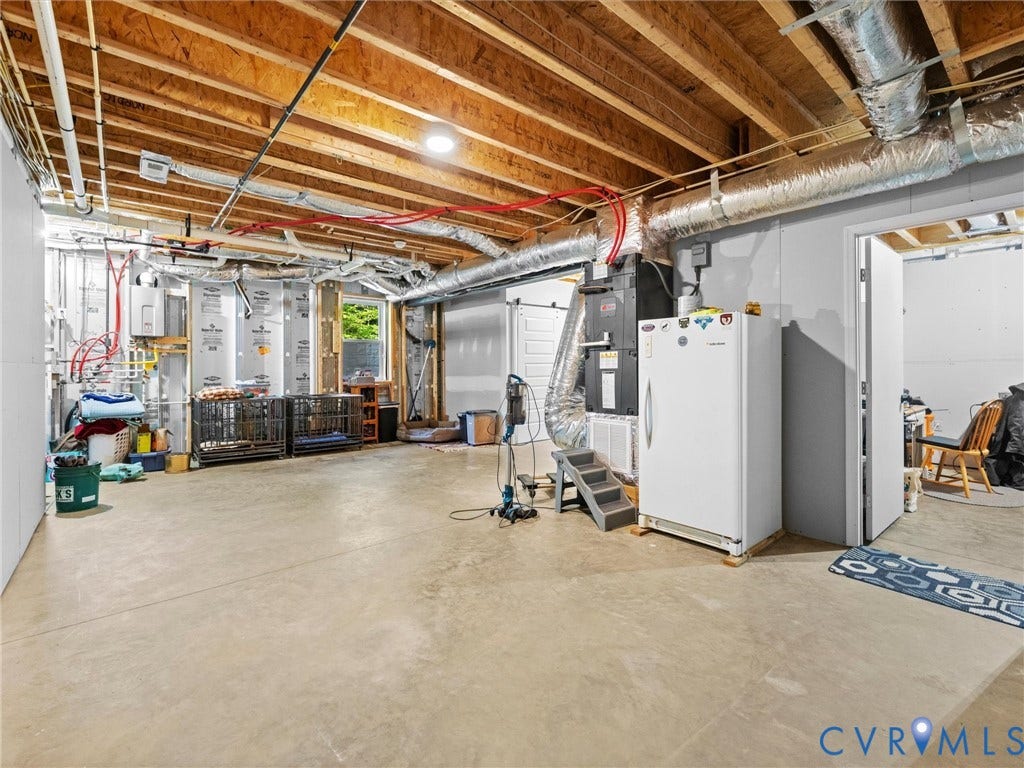 9877 Swinging Bridge Road, Taylors Grove Estates, Quinton, VA 23141 Another view of the spacious, partially finished walk-out basement, complete with heating and cooling, a tankless hot water heater, and ample room for storage, hobbies, or future finishing possibilities!