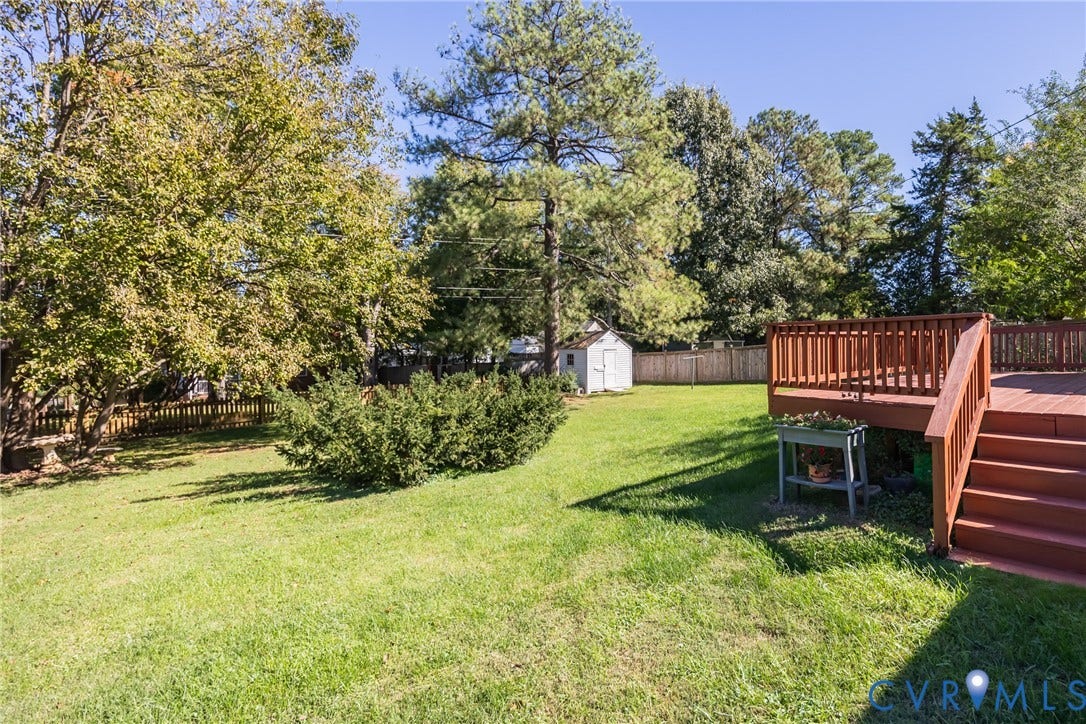 6614 Monument Avenue, Westhaven, Henrico, VA 23226 Spacious backyard featuring a wood deck with stairs, mature trees, a detached storage shed, and perimeter wood fencing