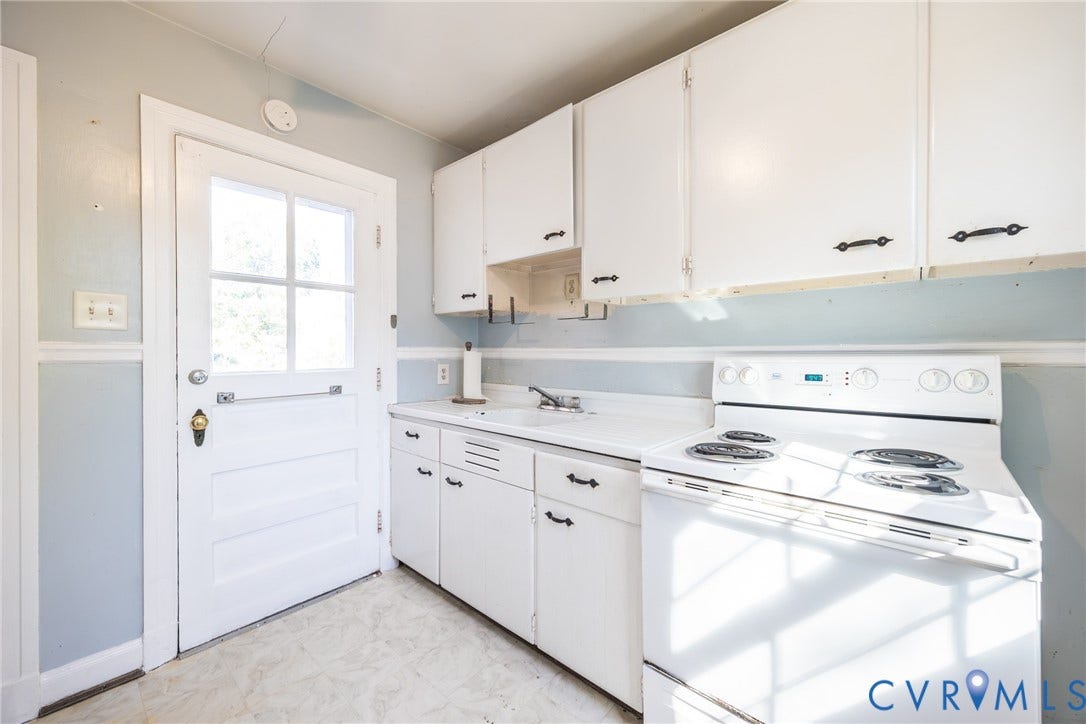 6614 Monument Avenue, Westhaven, Henrico, VA 23226 Kitchen featuring white cabinetry with matte black hardware, integrated stove, single-basin sink, and a multi-pane glass door