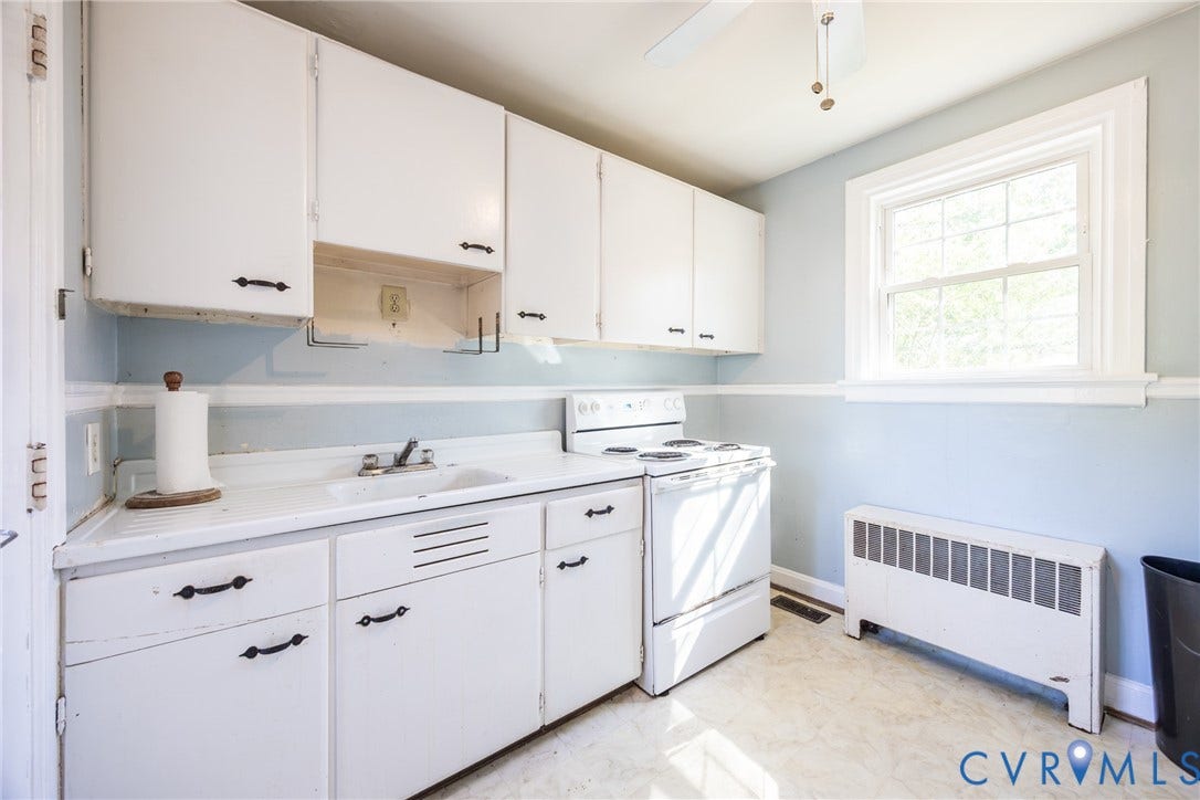 6614 Monument Avenue, Westhaven, Henrico, VA 23226 Kitchen featuring white cabinetry with dark hardware, a surface-mounted sink, a free-standing electric range, and a window with mullions