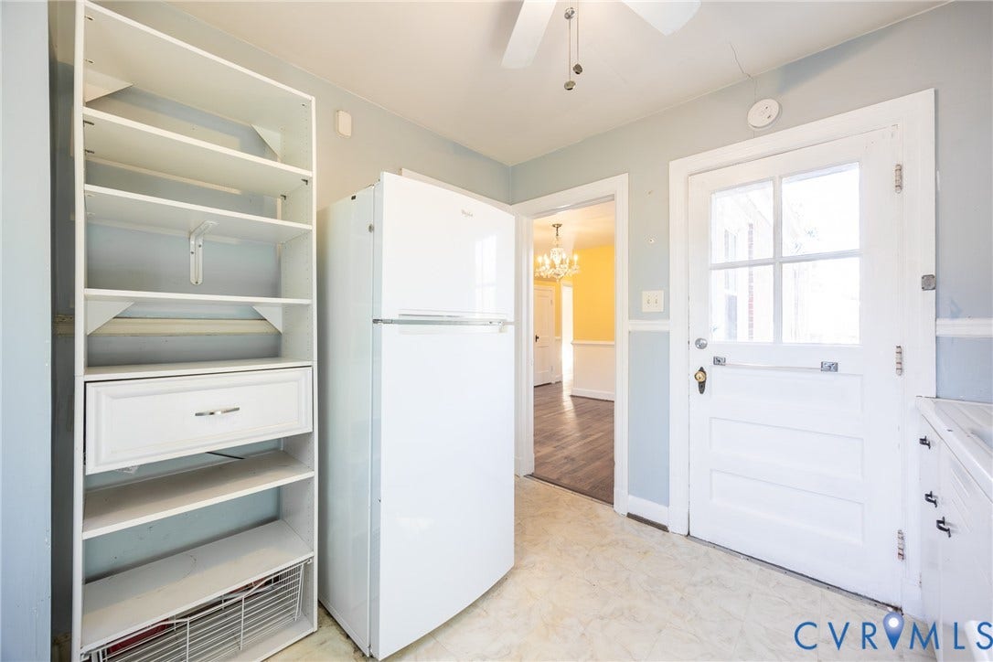 6614 Monument Avenue, Westhaven, Henrico, VA 23226 Built-in open shelving unit, white refrigerator, and exterior door with multi-pane glass insert