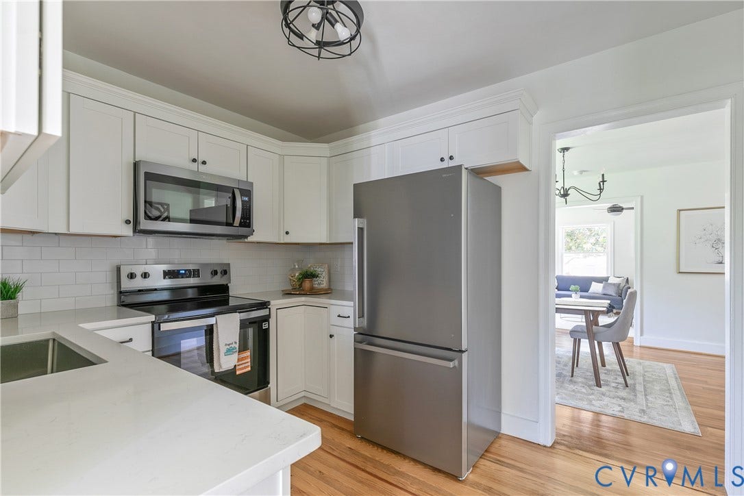 7263 Grace Lane, Mechanicsville, VA 23111 Contemporary kitchen featuring white cabinetry, stainless steel appliances, a subway tile backsplash, light-toned countertops, and wood-finish flooring