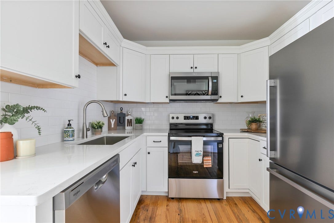 7263 Grace Lane, Mechanicsville, VA 23111 Kitchen featuring white shaker cabinetry, white subway tile backsplash, stainless steel appliances, and wood-finish flooring