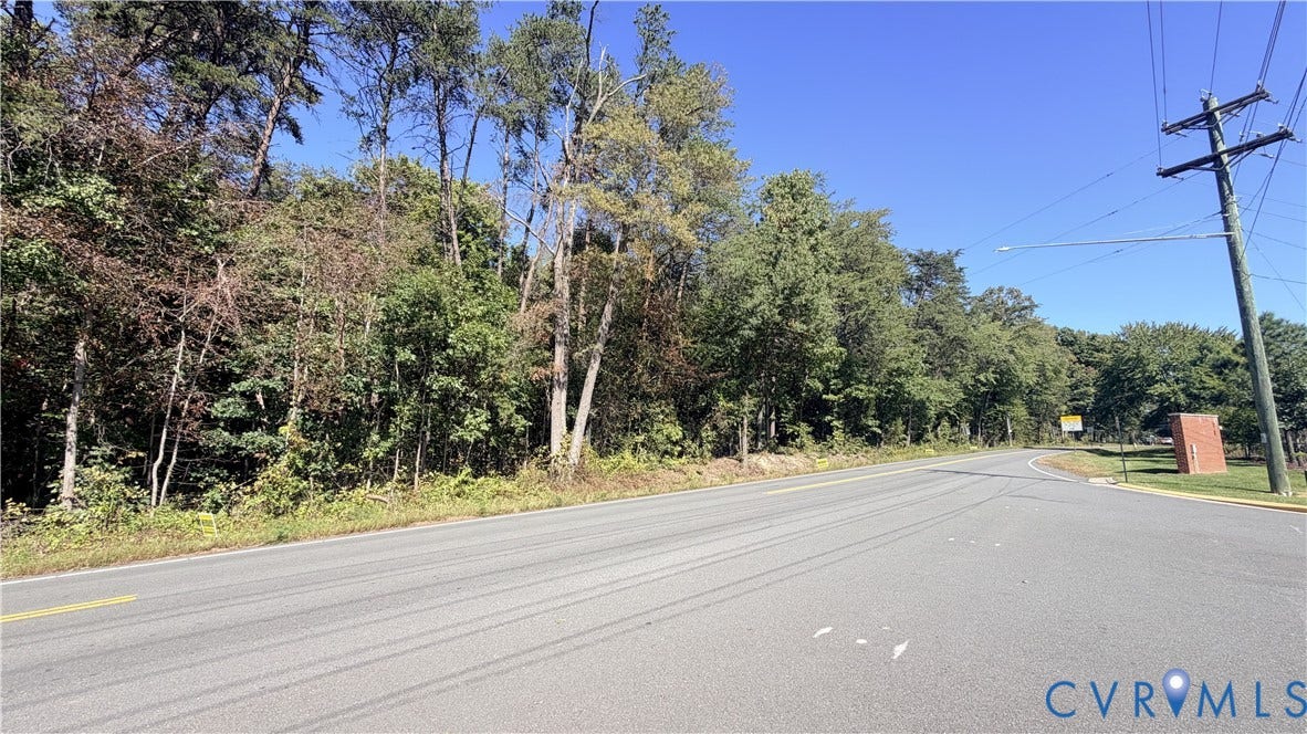 Paved road frontage featuring mature tree lines and natural wooded terrain