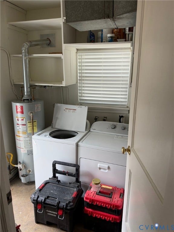 6523 Stuart Avenue, Richmond, VA 23226 Utility room featuring built-in open shelving, an integrated water heater, and a window with fitted blinds