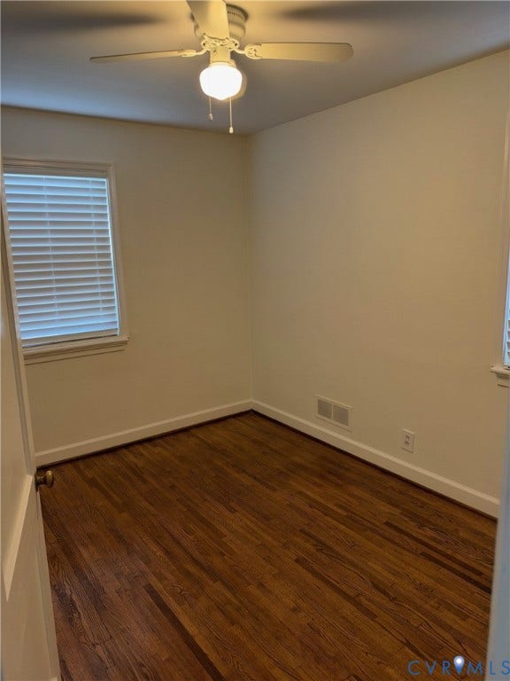6523 Stuart Avenue, Richmond, VA 23226 Room featuring wood-finish flooring, white walls, and a ceiling fan with integrated lighting, completed by windows with horizontal blinds