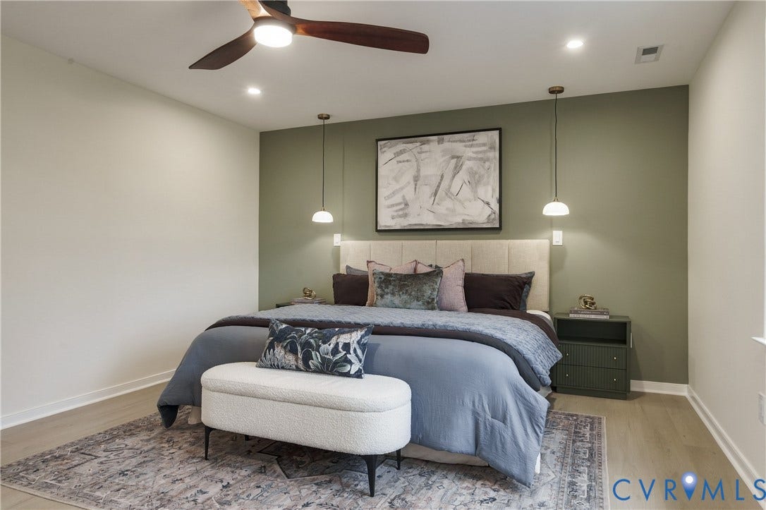 8060 Pebblepath Parkway, Hanover, VA 23111 Bedroom featuring wood-finish flooring, recessed lighting, a ceiling fan, and dual pendant light fixtures