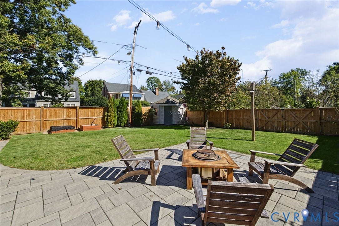 1009 Malvern Avenue, Malvern Gardens, Richmond, VA 23221 Rear yard featuring a stone paver patio, wood privacy fencing, a storage shed, and manicured lawn space
