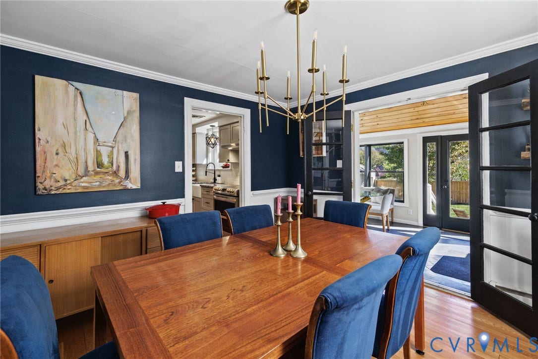1009 Malvern Avenue, Malvern Gardens, Richmond, VA 23221 Dining room featuring dark blue walls with white wainscoting, wood-finish flooring, a multi-arm metallic chandelier, and glass-paneled french doors