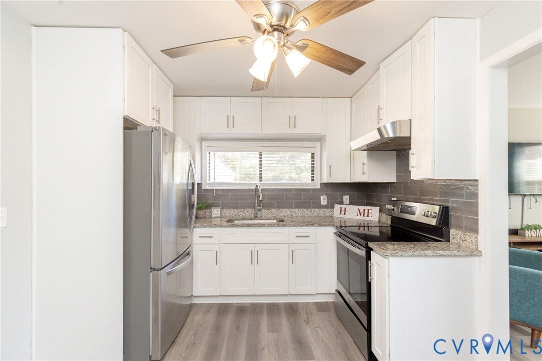 3705 Yard Arm Drive, Chesterfield, VA 23831 Kitchen featuring white cabinetry, stone-surface countertops, subway tile backsplash, stainless steel appliances, and wood-finish flooring