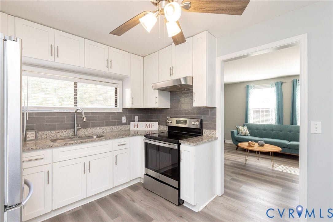 3705 Yard Arm Drive, Chesterfield, VA 23831 Kitchen featuring white shaker-style cabinetry, stone-finish countertops, stainless steel appliances, a grey subway tile backsplash, and wood-finish flooring