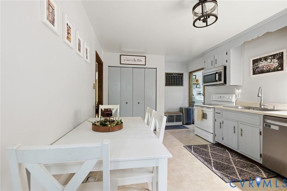 2764 Birdsong Lane, Powhatan, VA 23139 Kitchen featuring light blue cabinetry, pantry, stainless steel dishwasher, over-the-range microwave, and neutral-toned flooring