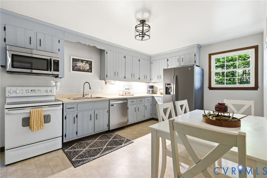 2764 Birdsong Lane, Powhatan, VA 23139 Kitchen featuring light-toned cabinetry, SS Dishwasher, neutral countertops, a single-basin sink with a gooseneck faucet, and overhead lantern-style lighting