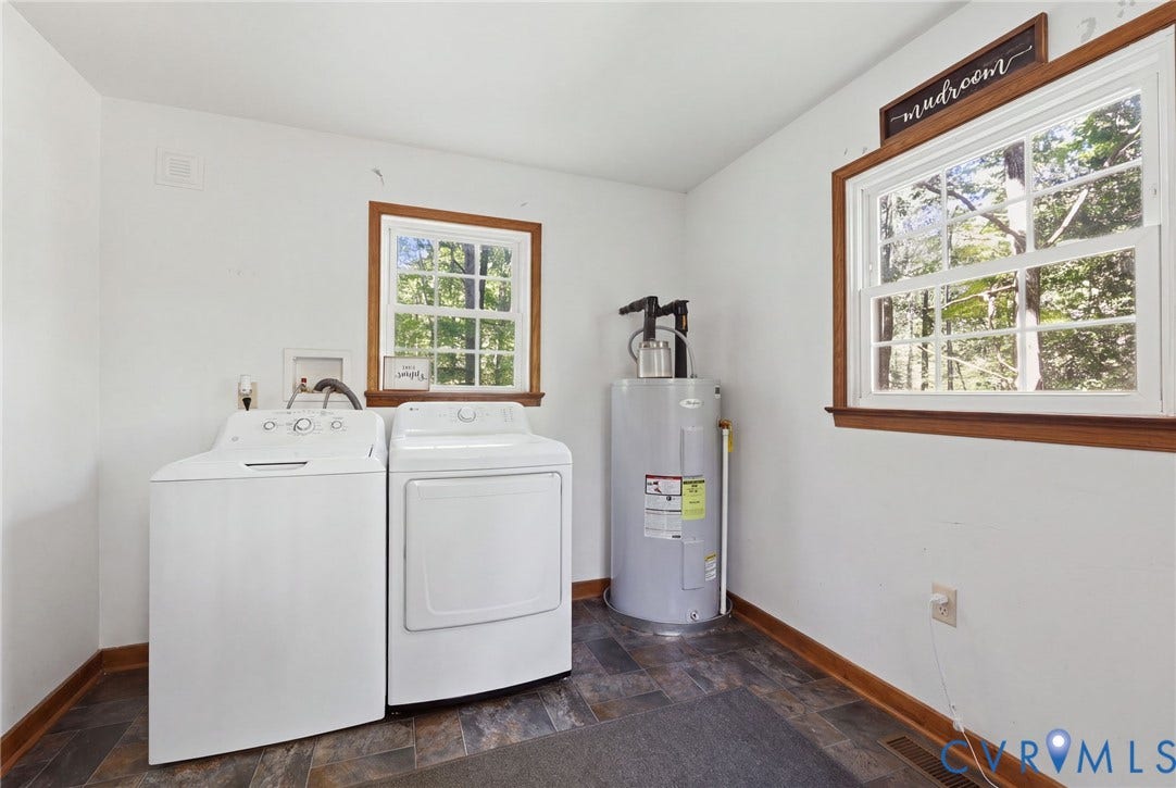2764 Birdsong Lane, Powhatan, VA 23139 Utility area featuring dual windows with wood trim,and water heater *Select personal items digitally removed using AI*