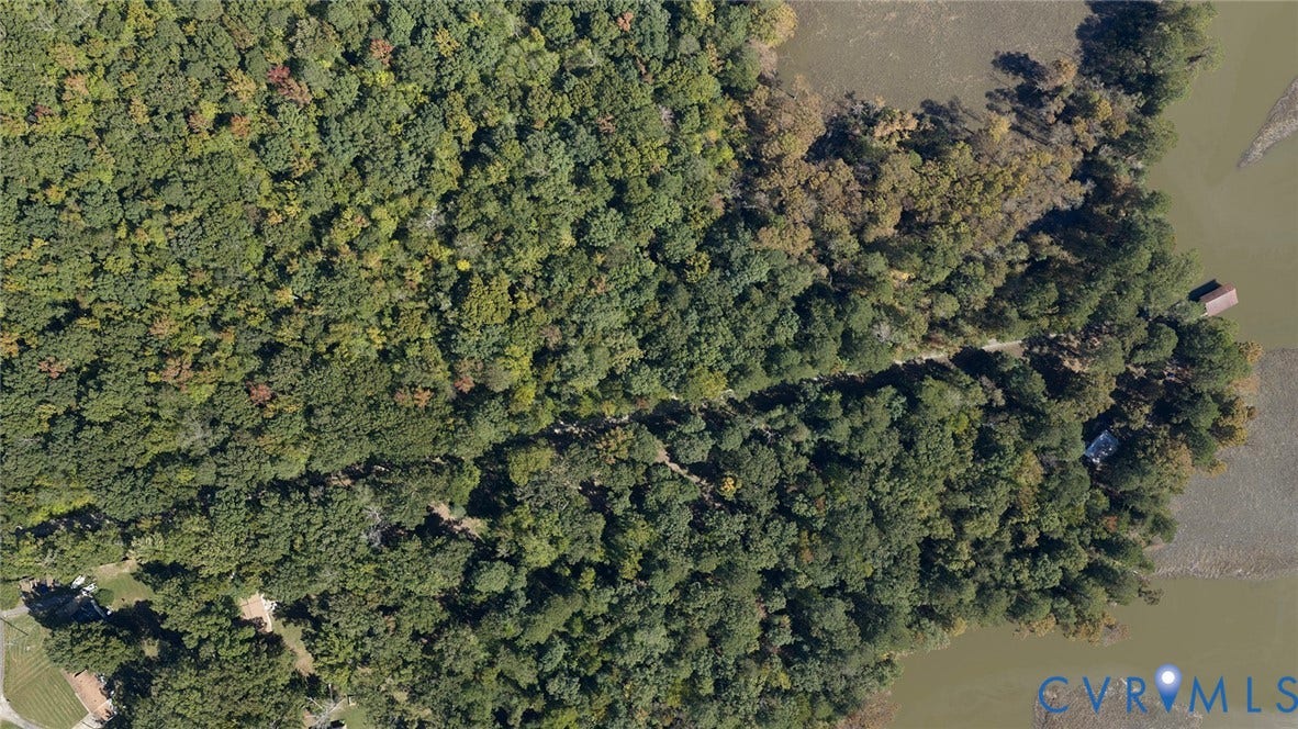 234 Sandy Bay Road, Williamsburg, VA 23185 Aerial perspective of a heavily wooded lot featuring extensive shoreline, natural forest canopy, and direct water access
