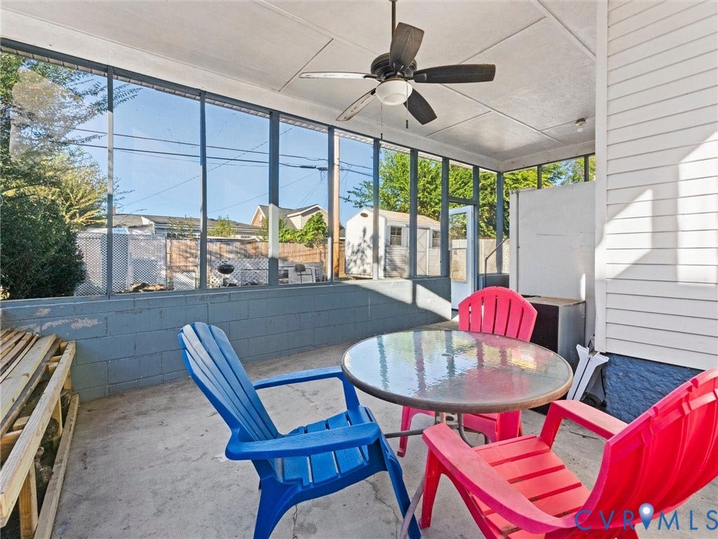 124 Suffolk Avenue, Chesterfield Highlands, Colonial Heights, VA 23834 Screened-in porch featuring a concrete floor, painted masonry walls, and a ceiling-mounted fan