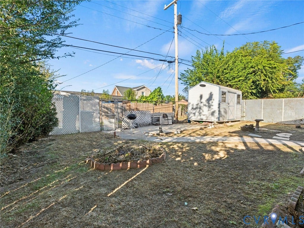 124 Suffolk Avenue, Chesterfield Highlands, Colonial Heights, VA 23834 Backyard featuring a detached storage shed, privacy fencing, and masonry garden edging