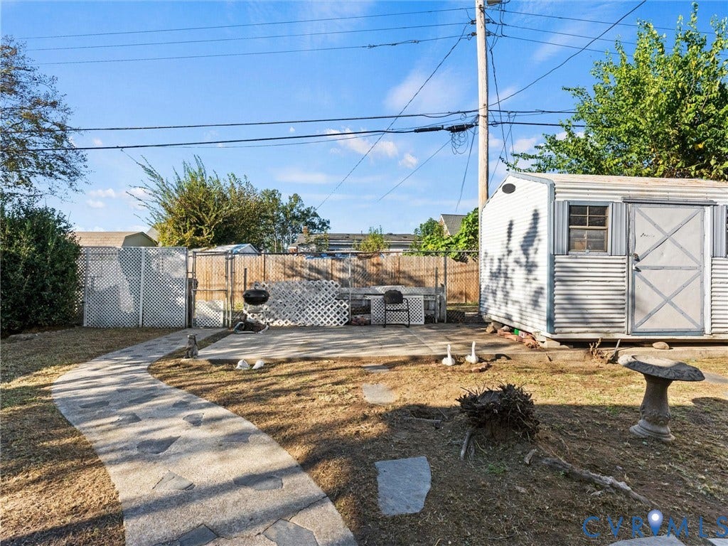 124 Suffolk Avenue, Chesterfield Highlands, Colonial Heights, VA 23834 Backyard featuring a stone-paver walkway, concrete patio, storage shed with metal siding, and lattice privacy fencing