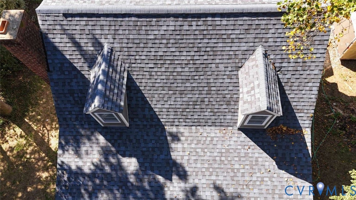 7300 Key Deer Court, Deer Run, Midlothian, VA 23112 Asphalt shingle roof featuring two gabled dormers and a brick chimney