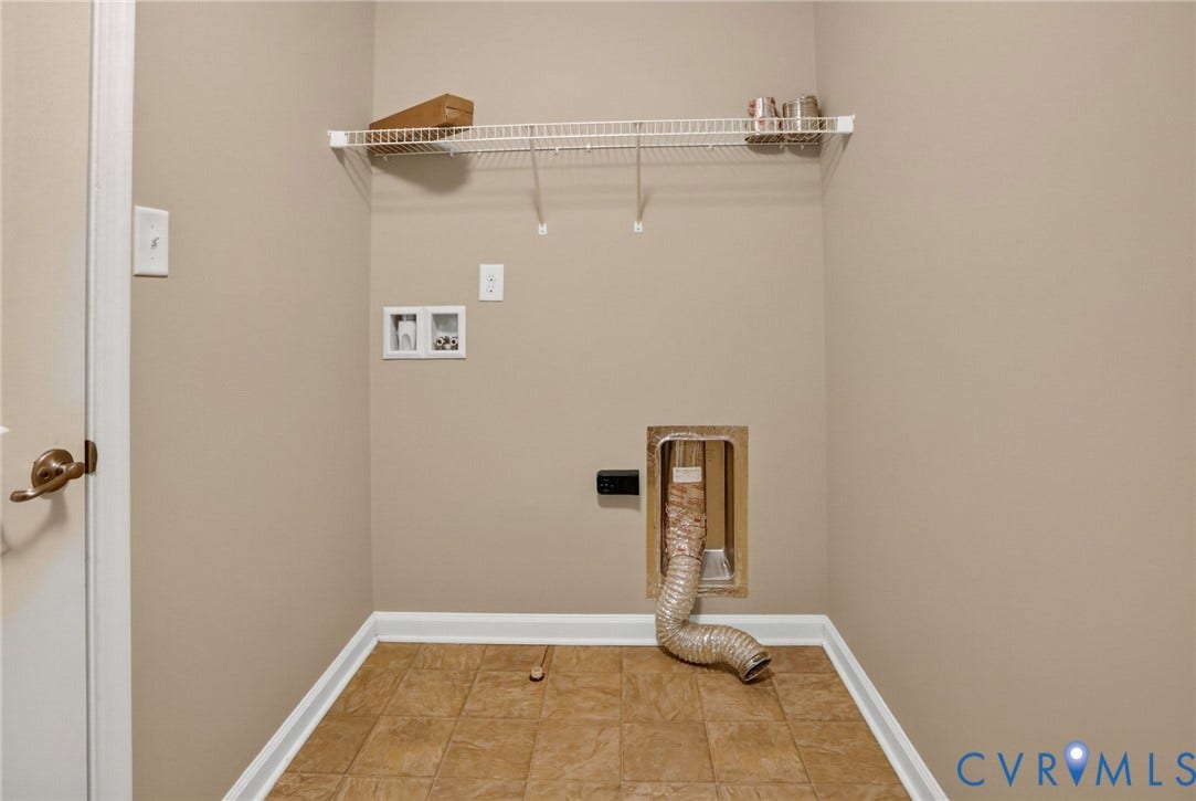 10851 White Dogwood Drive, Oakmont Villas, New Kent, VA 23140 Laundry area featuring tile flooring, a wall-mounted wire storage shelf, and dedicated water and dryer vent hookups