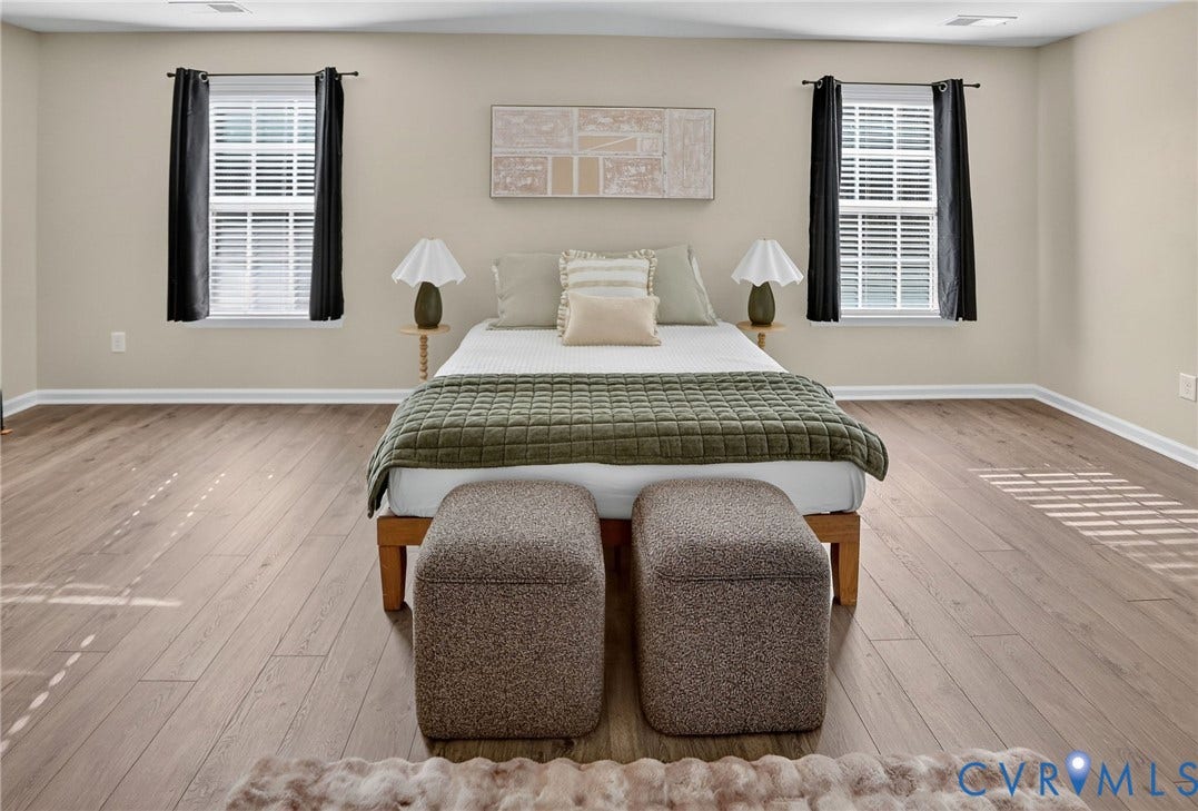 10851 White Dogwood Drive, Oakmont Villas, New Kent, VA 23140 Wood-finish flooring, neutral wall tones, and dual windows with window treatments